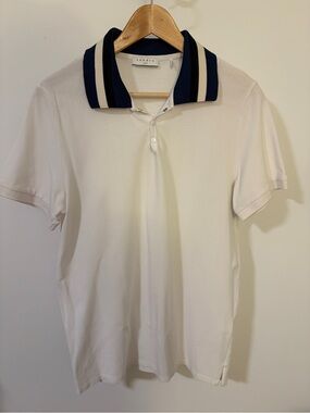 Sandro White Polo with Navy and Cream Striped Collar
